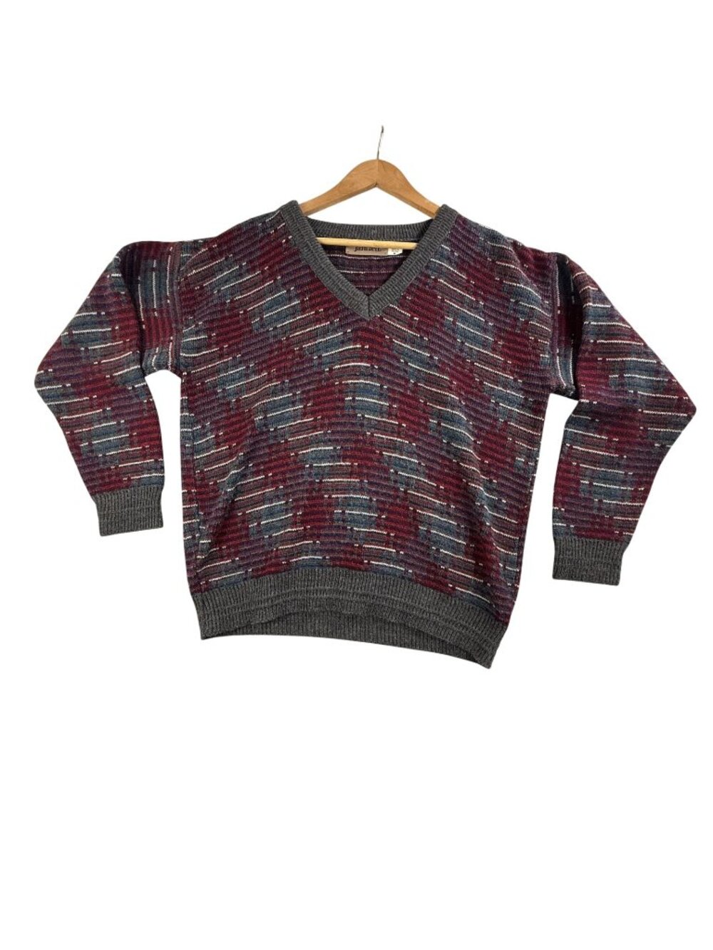 Vintage Jantzen Sweater Mens Medium Red Geometric V Neck Acrylic Knit Pullover